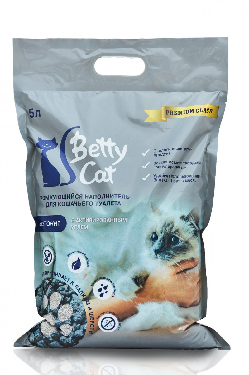 фото Комкующийся наполнитель для кошек betty cat, бентонитовый, активированный уголь, 5л