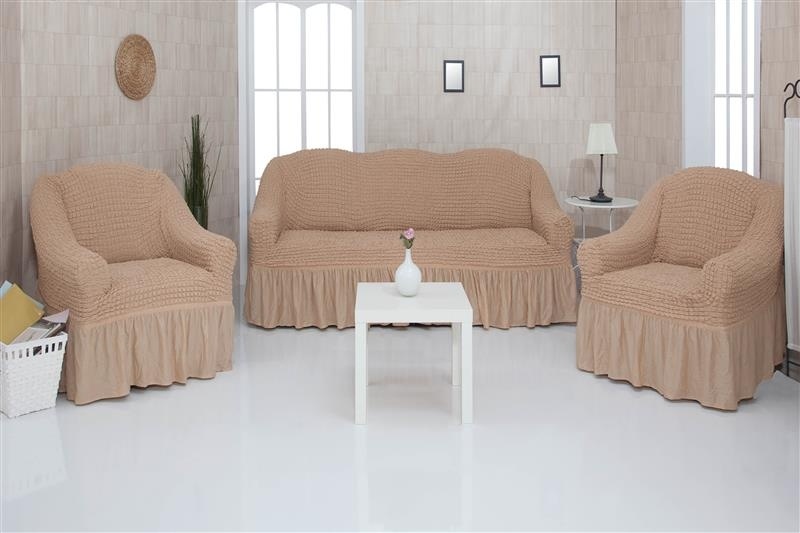 фото Комплект чехлов на трехместный диван и два кресла с оборкой concordia, светло-коричневый