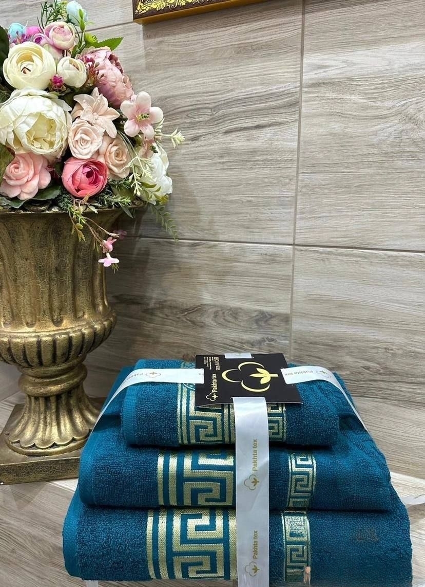 Комплект из трех махровых полотенец, Узбекистан (70х140, 50х80, 30х50), зелено-голубой