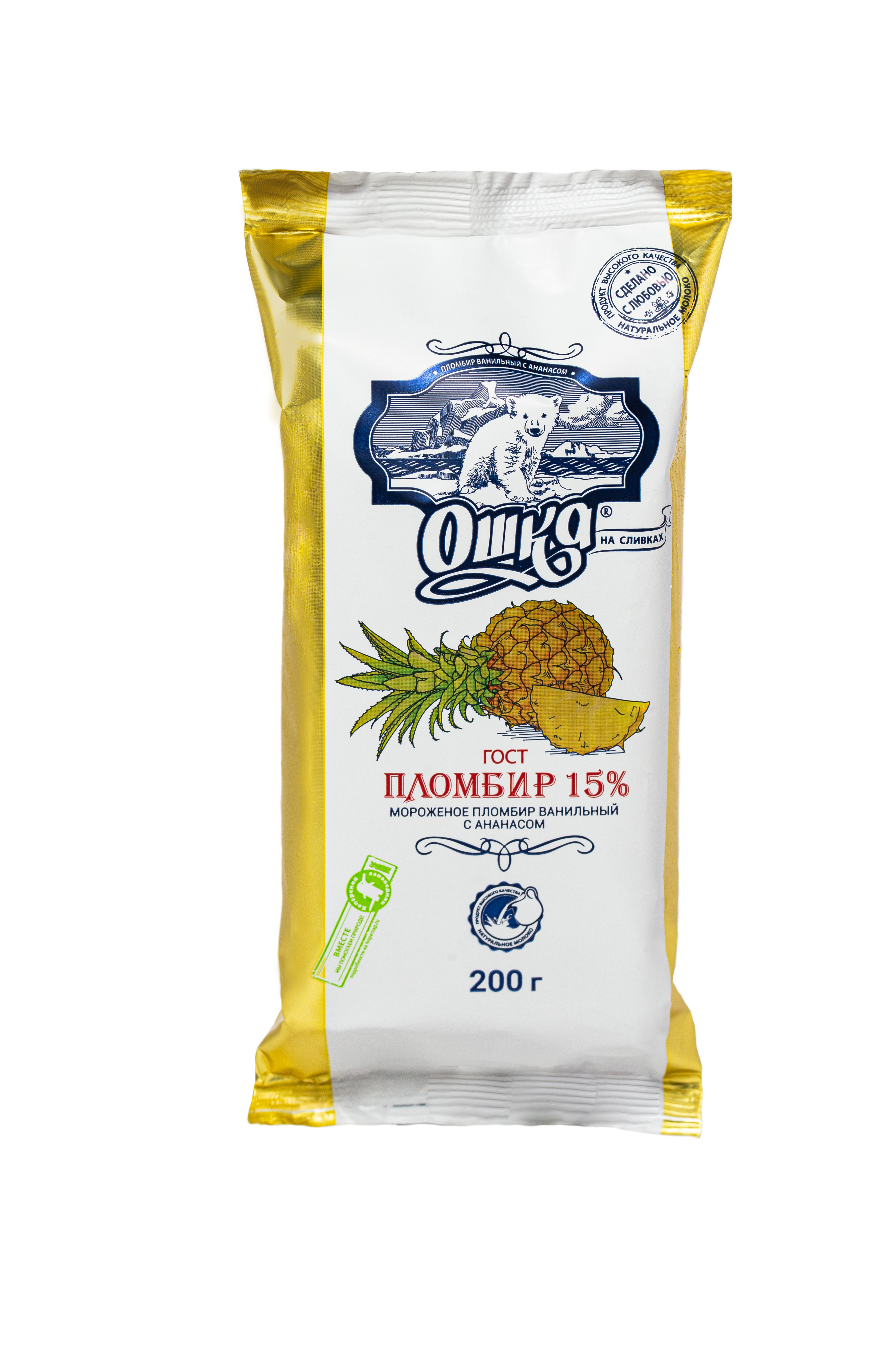 

Мороженое Ошка пломбир, на сливках, ванильный, 15%, с ананасом, 200 г