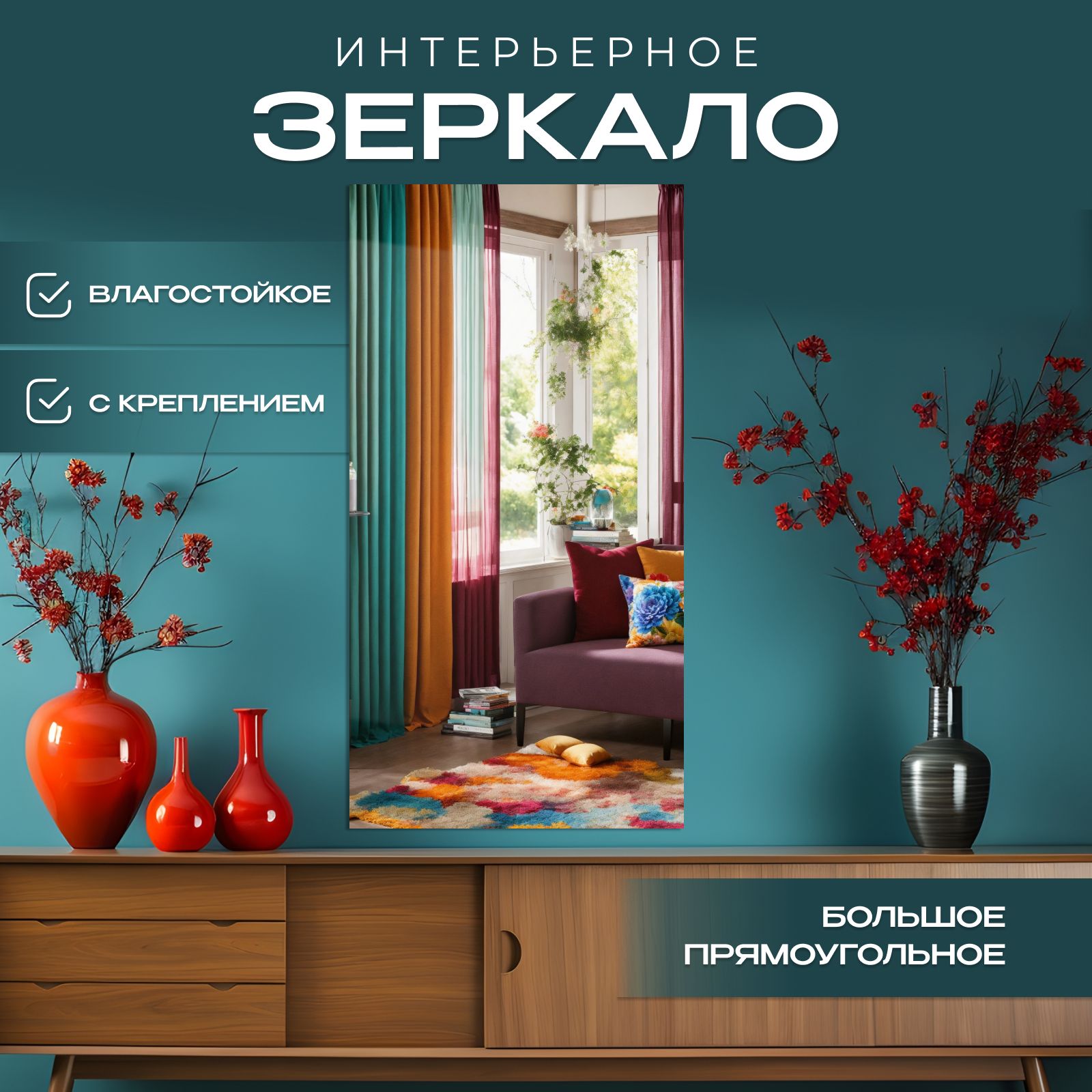 

Зеркало настенное прямоугольное 45х105 см, Прозрачный, прямоугольники