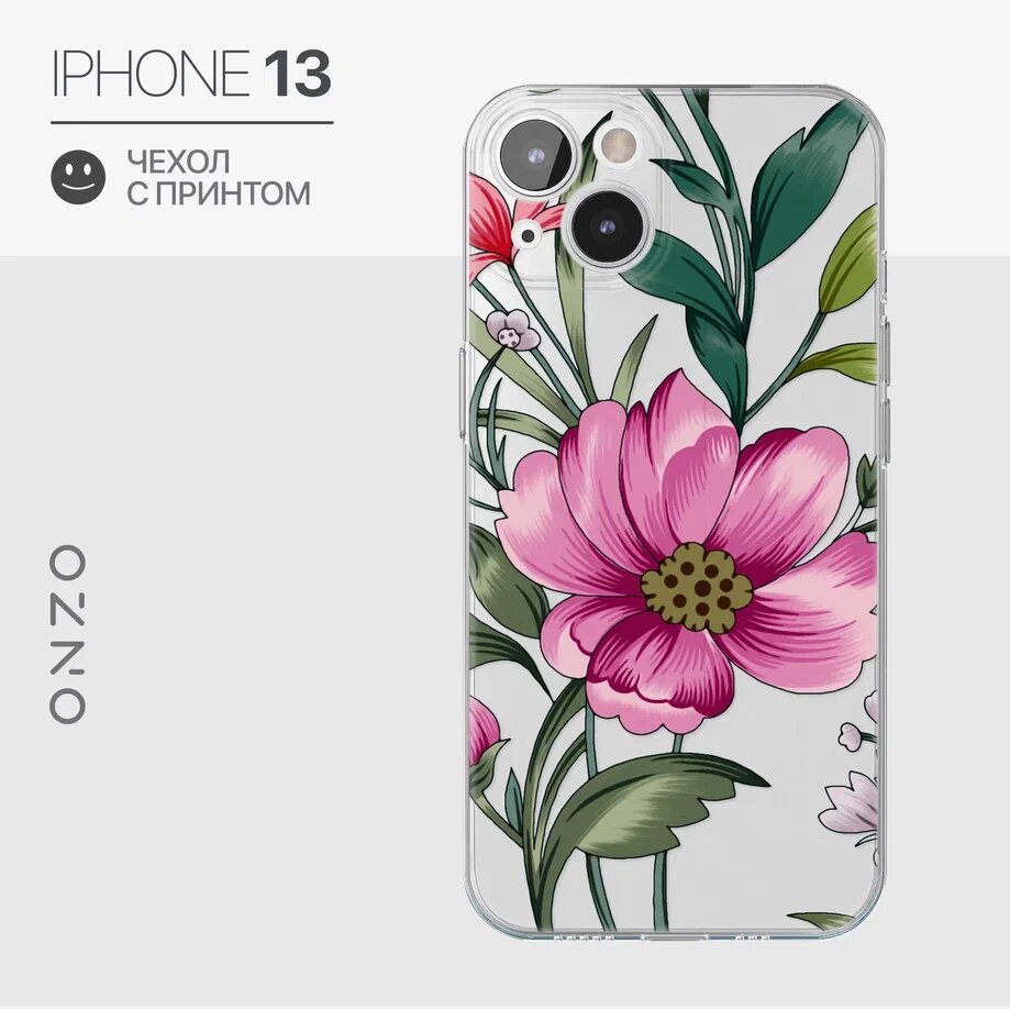 

Чехол на iPhone 13 прозрачный с рисунком "Pink flower", Зеленый;красный;розовый, GEL iPhone 13