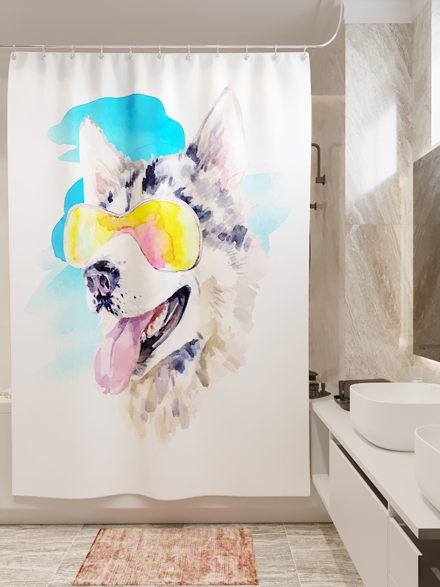 Олимп Текстиль Фотоштора для ванной (джордан 180х200 см - 1 шт) Хаски из акварели