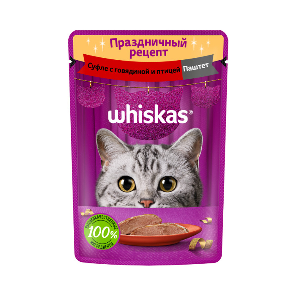 

Влажный корм для кошек WHISKAS Праздничный рецепт суфл с птицей и паштет с индейкой, 75г, курица 75 г