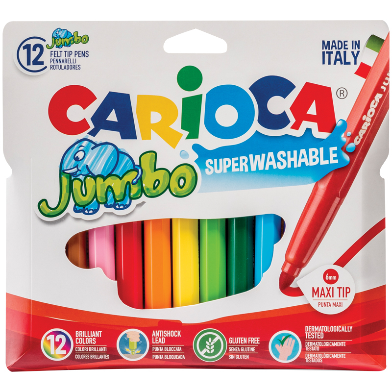 

Фломастеры Carioca Jumbo, 12цв., утолщенные, смываемые, картон, европодвес, Разноцветный