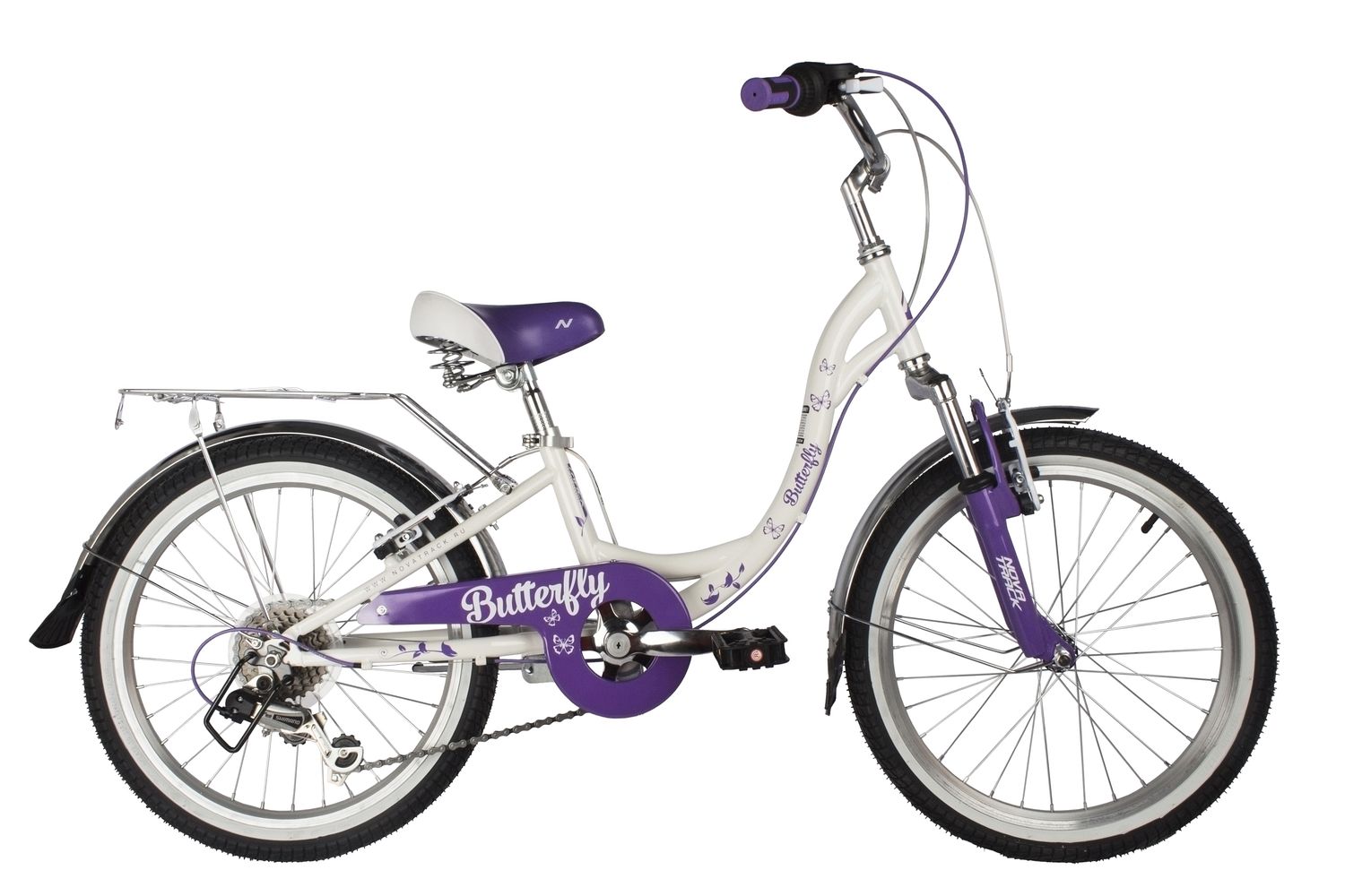 фото Велосипед novatrack butterfly 20 6.v, год 2022 белый- фиолетовый