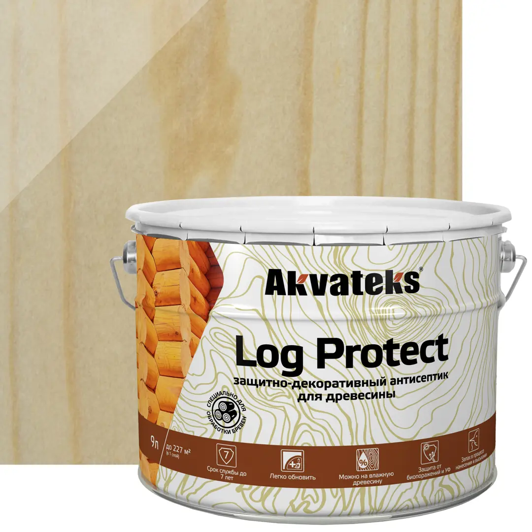 Антисептик защитно-декоративный для древесины и бревен Akvateks LOG Protect полуматовый трудновымываемый антисептик для древесины akvateks био 10 кг