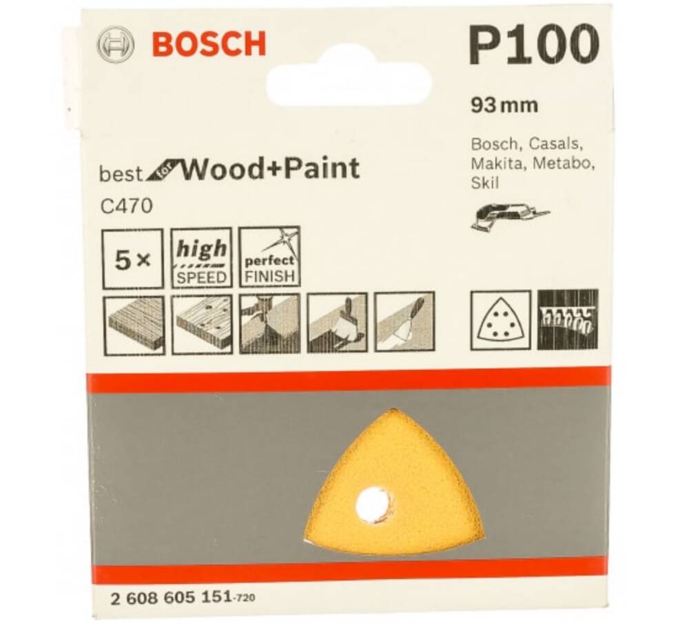 

Шлифлист для дельташлифмашин 5 шт. (93 мм; К100) Bosch 2608605151