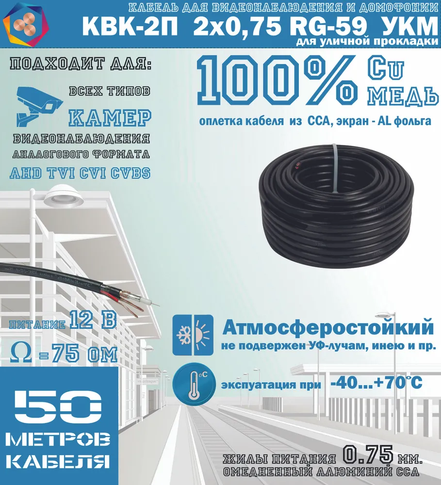 Кабель для видеонаблюдения черный КВК-2П 2Х0,75 RG-59 Cu+CCA для уличной прокладки (50м) внутренний омедненный кабель netlink