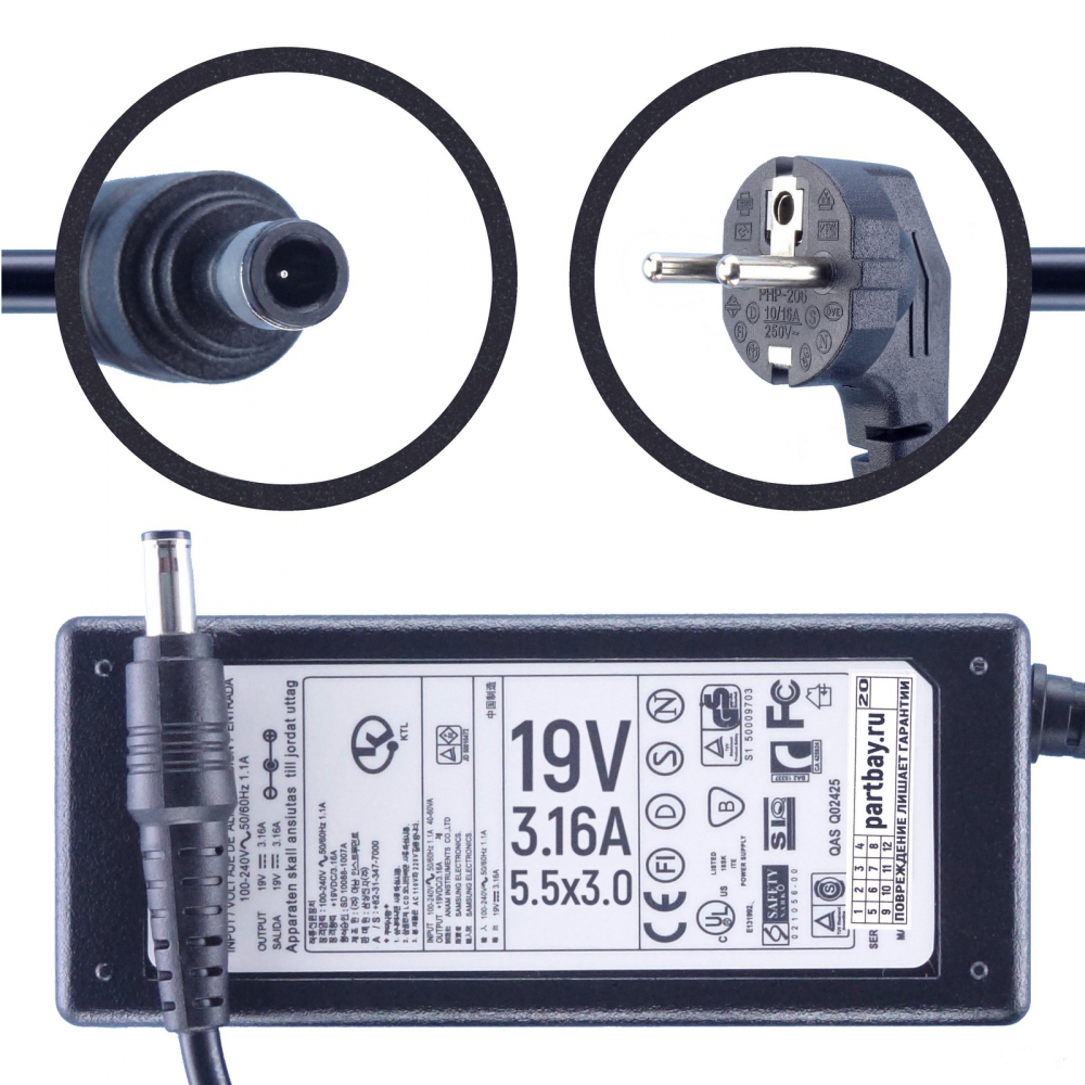 

Блок питания для Samsung X118 19V 3.16A 5.5х3.0mm 60W, Черный