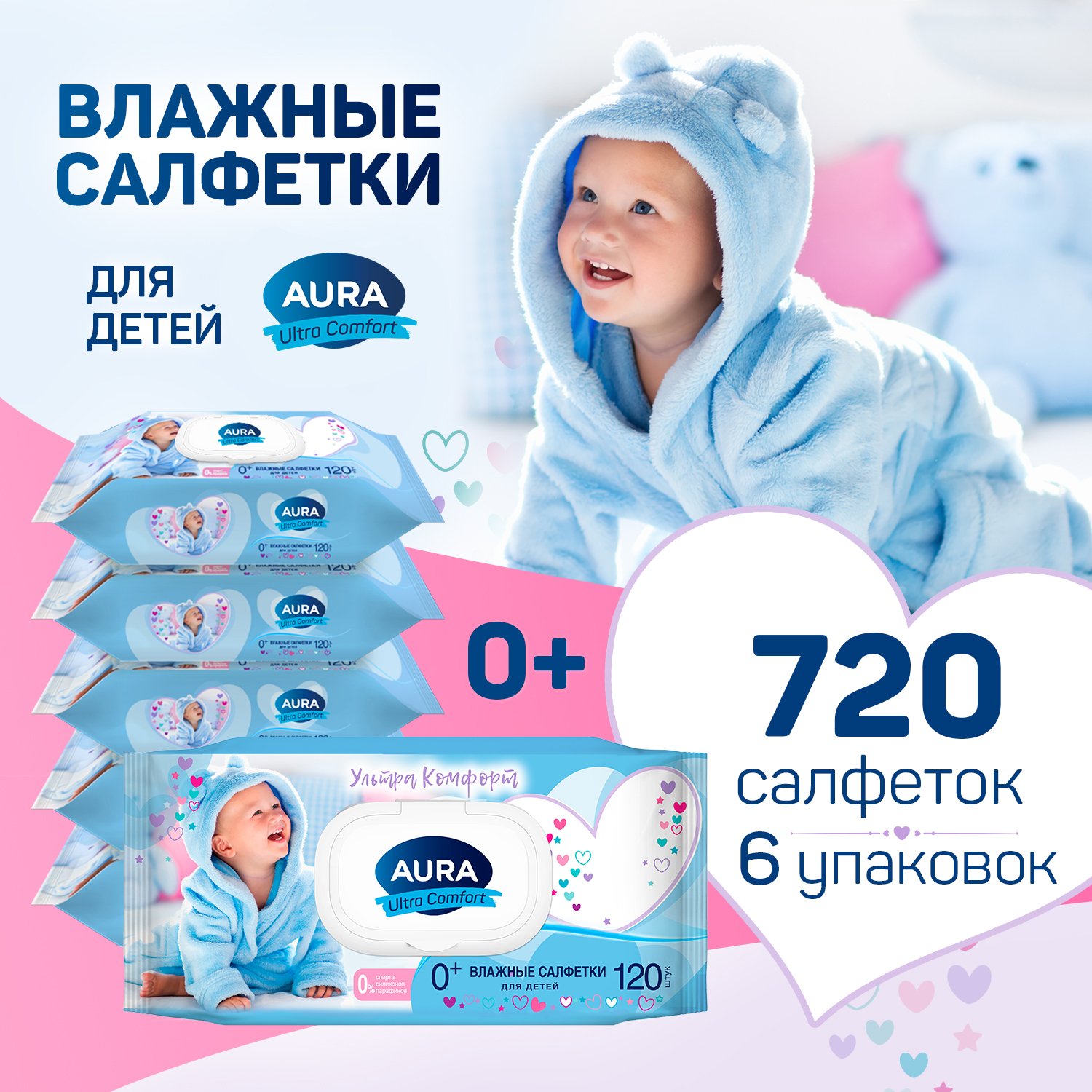 Влажные Салфетки Детские Aura Ultra Comfort 0+ С Экстрактом Алоэ И Витамином Е 120х6шт