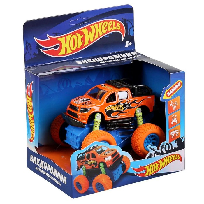 

Машина металлическая Hot Wheels внедорожник 12 см, инерция, подвеска, свет/звук, Оранжевый