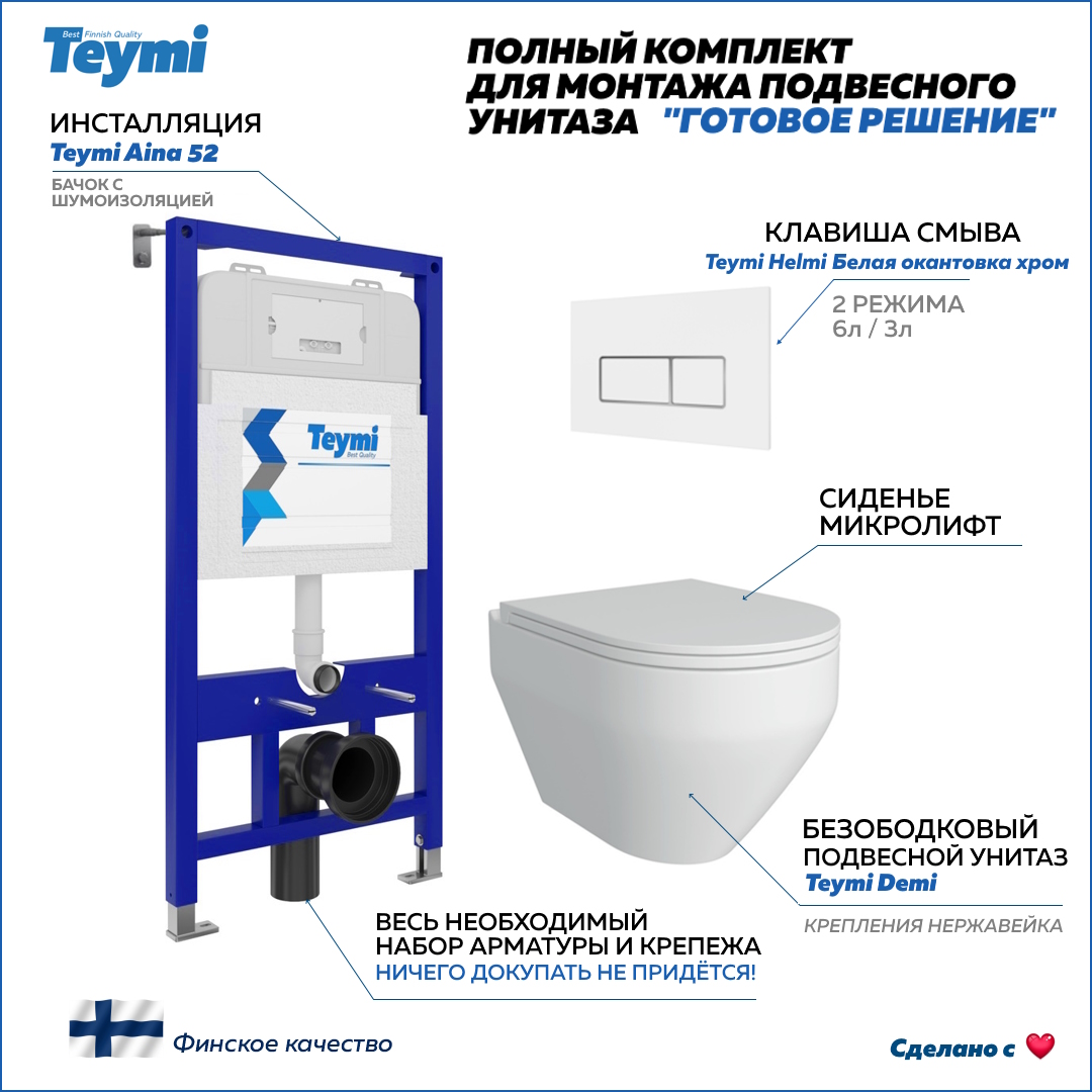 Инсталляция с унитазом комплект 5 в 1 Teymi унитаз подвесной кнопка белая / хром F13366 Demi F13366