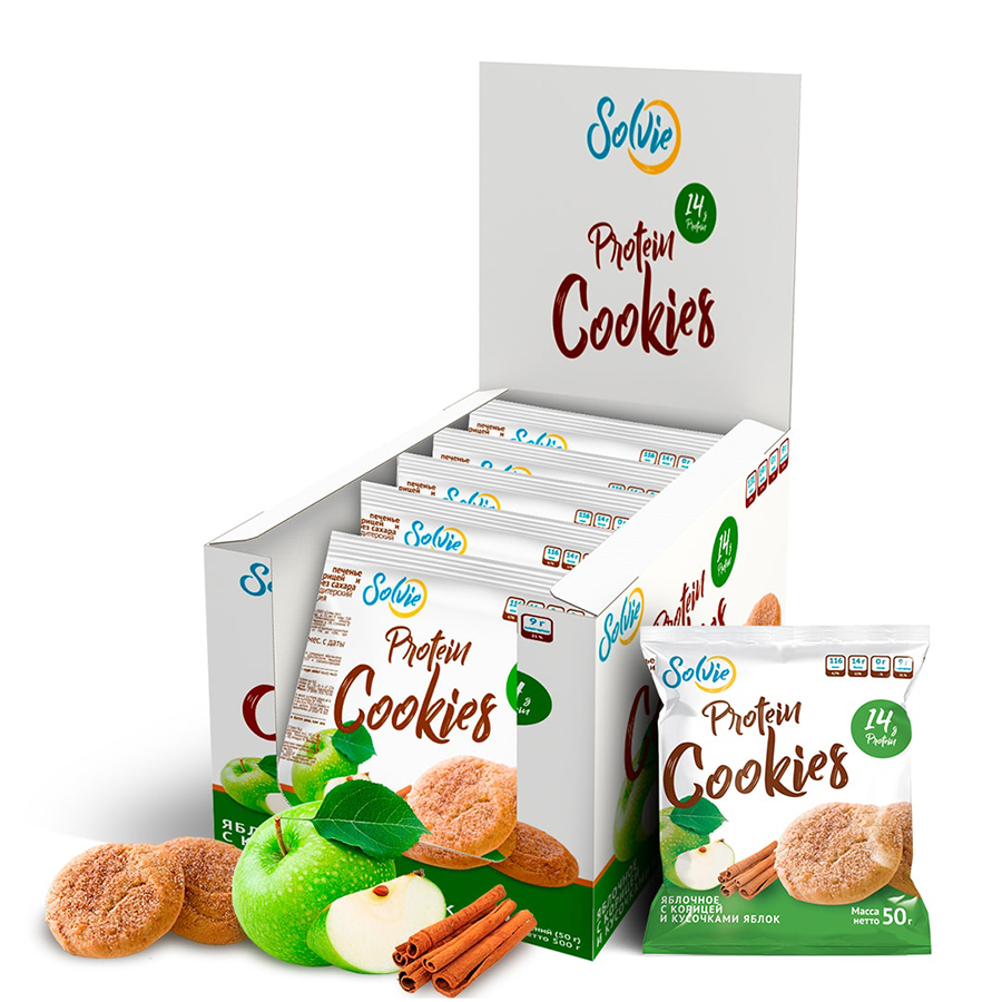 фото Протеиновое печенье protein cookies яблоко с корицей 50 грамм (коробка 10 шт.) solvie