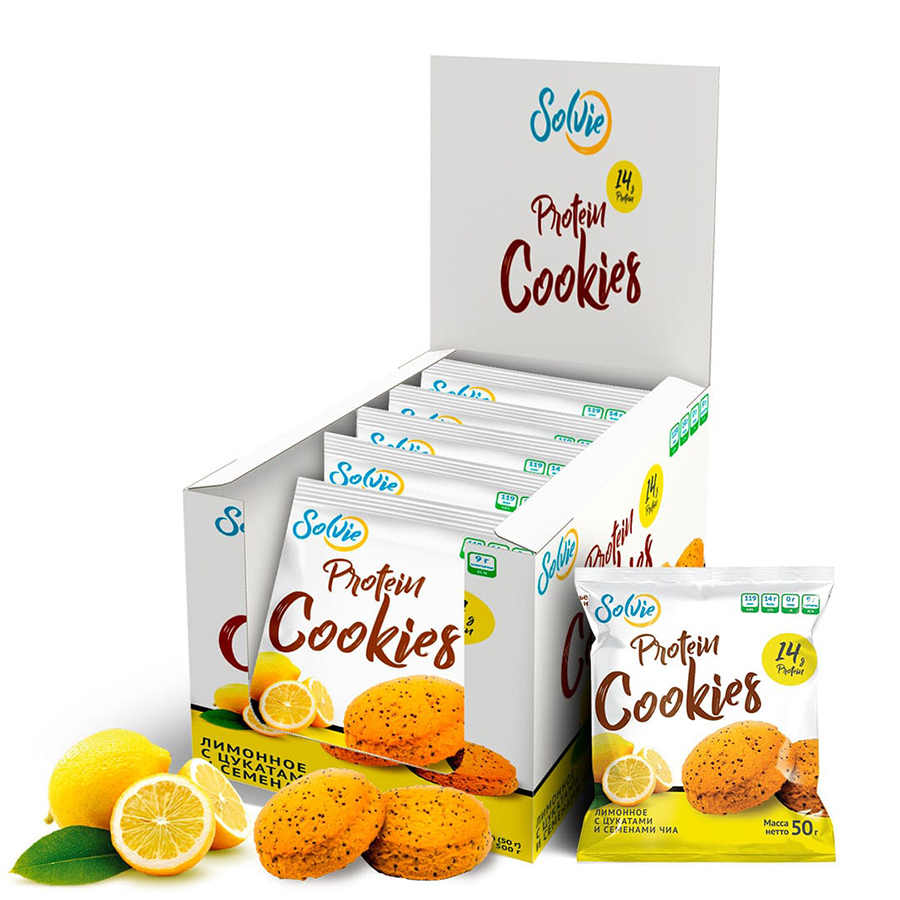 

Протеиновое печенье Protein Cookies лимонное с цукатами и семенами чиа 50 г, 10 шт.