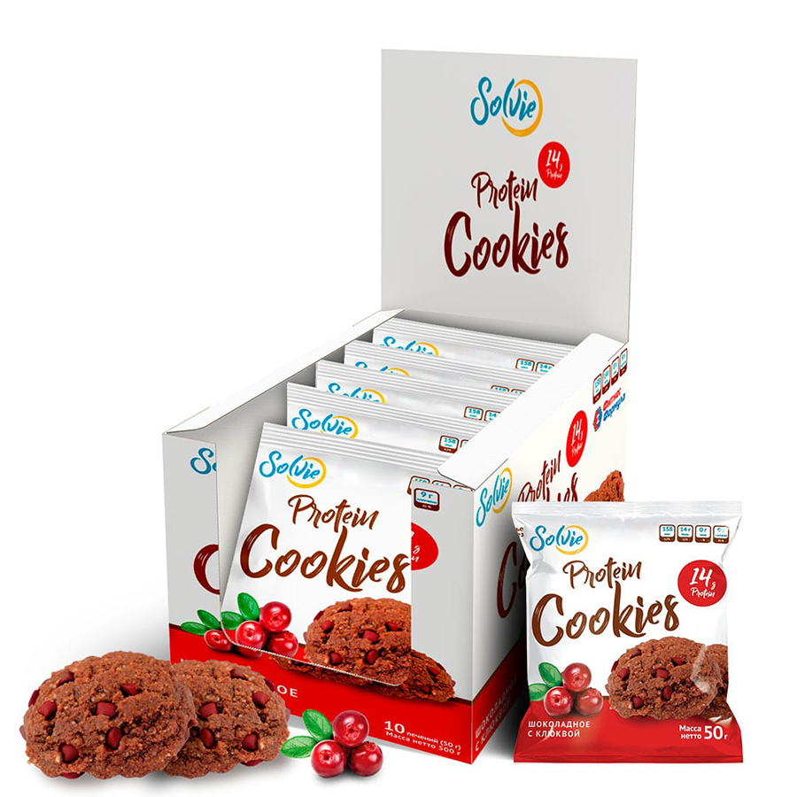 фото Протеиновое печенье protein cookies шоколадное с клюквой 50 грамм (коробка 10 шт.) solvie