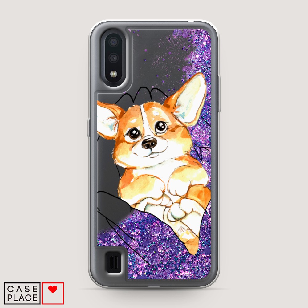 

Жидкий чехол с блестками "Корги в ладошках" на Samsung Galaxy A01, 29592-1