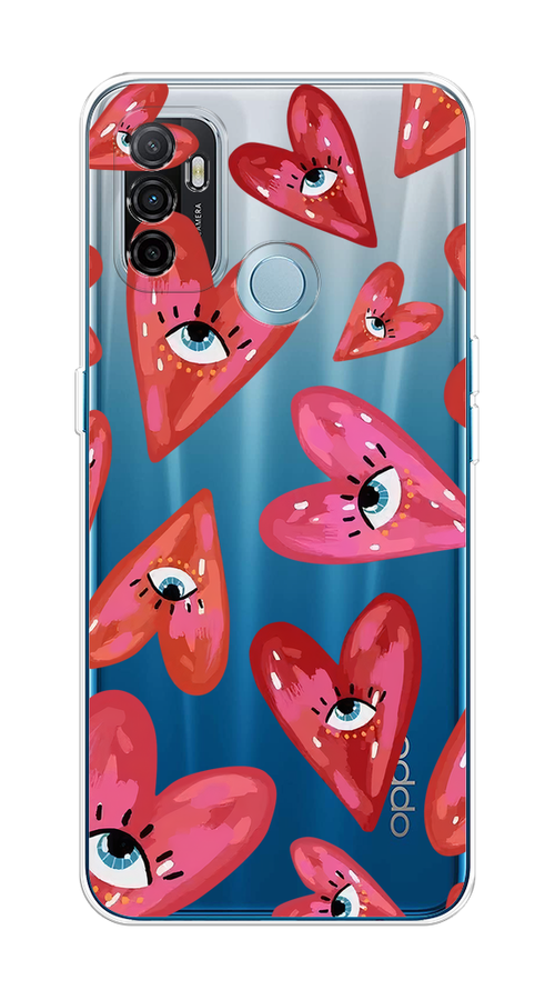 

Чехол на Oppo A53 "Сердечки с глазами", Коричневый;красный;розовый, 254350-1