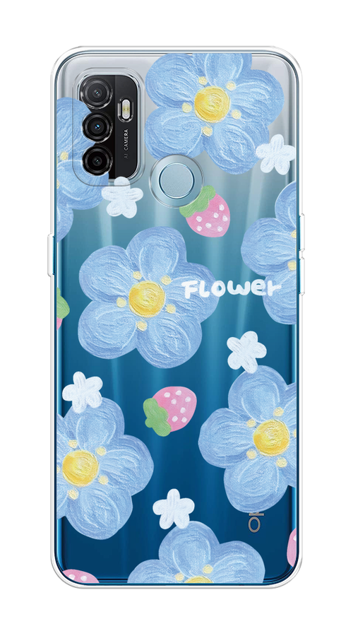 

Чехол на Oppo A53 "Цветы и клубники", Прозрачный;голубой;белый, 254350-1