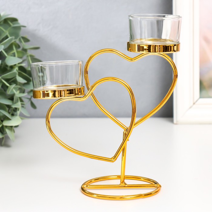 

Подсвечник металл, стекло на 2 свечи "Два сердца" d-4,5 см золото 14х6,5х17,5 см, Золотистый
