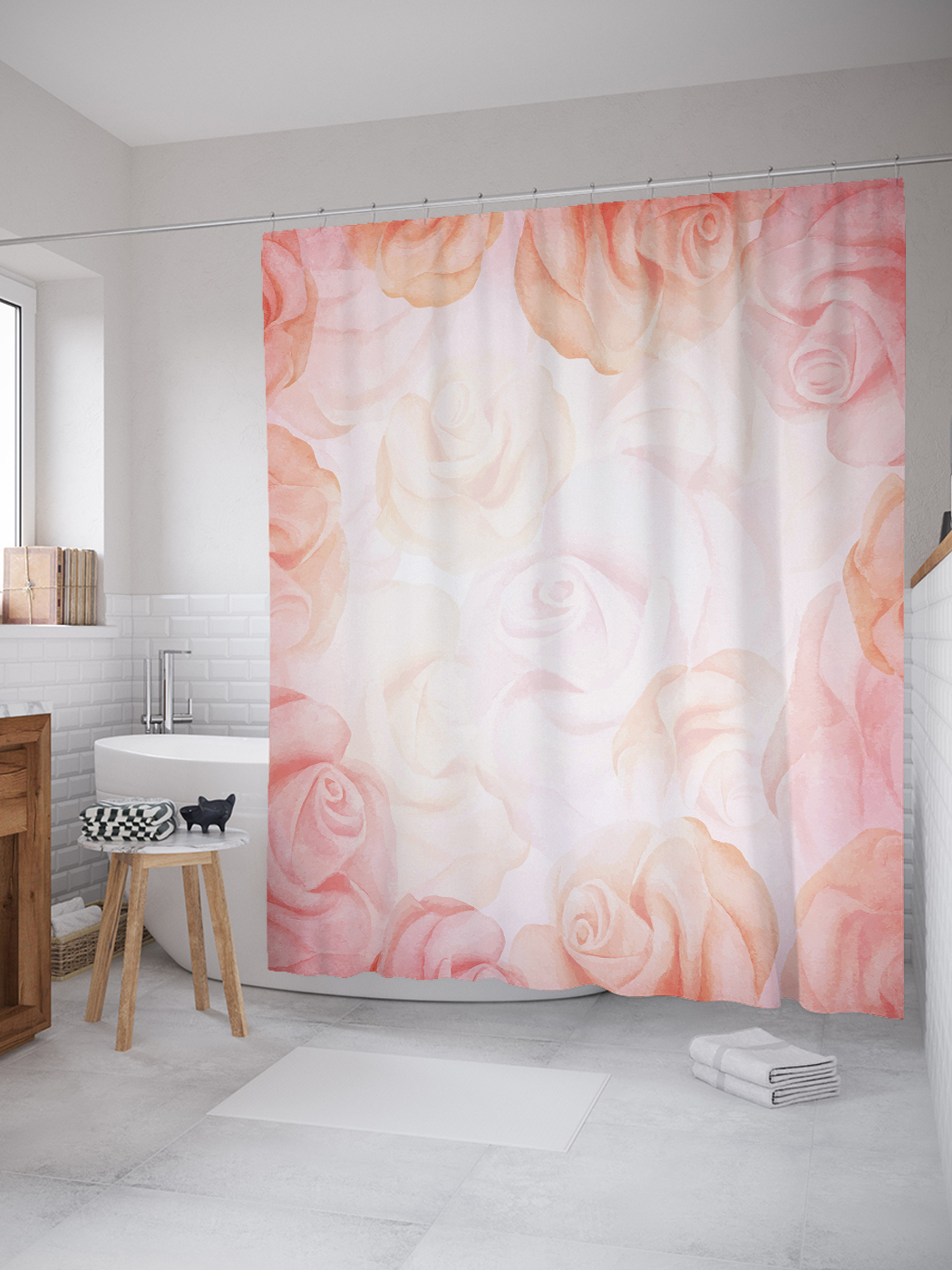 

JoyArty Штора (занавеска) для ванной «Рамка из роз» из ткани, 180х200 см с крючками