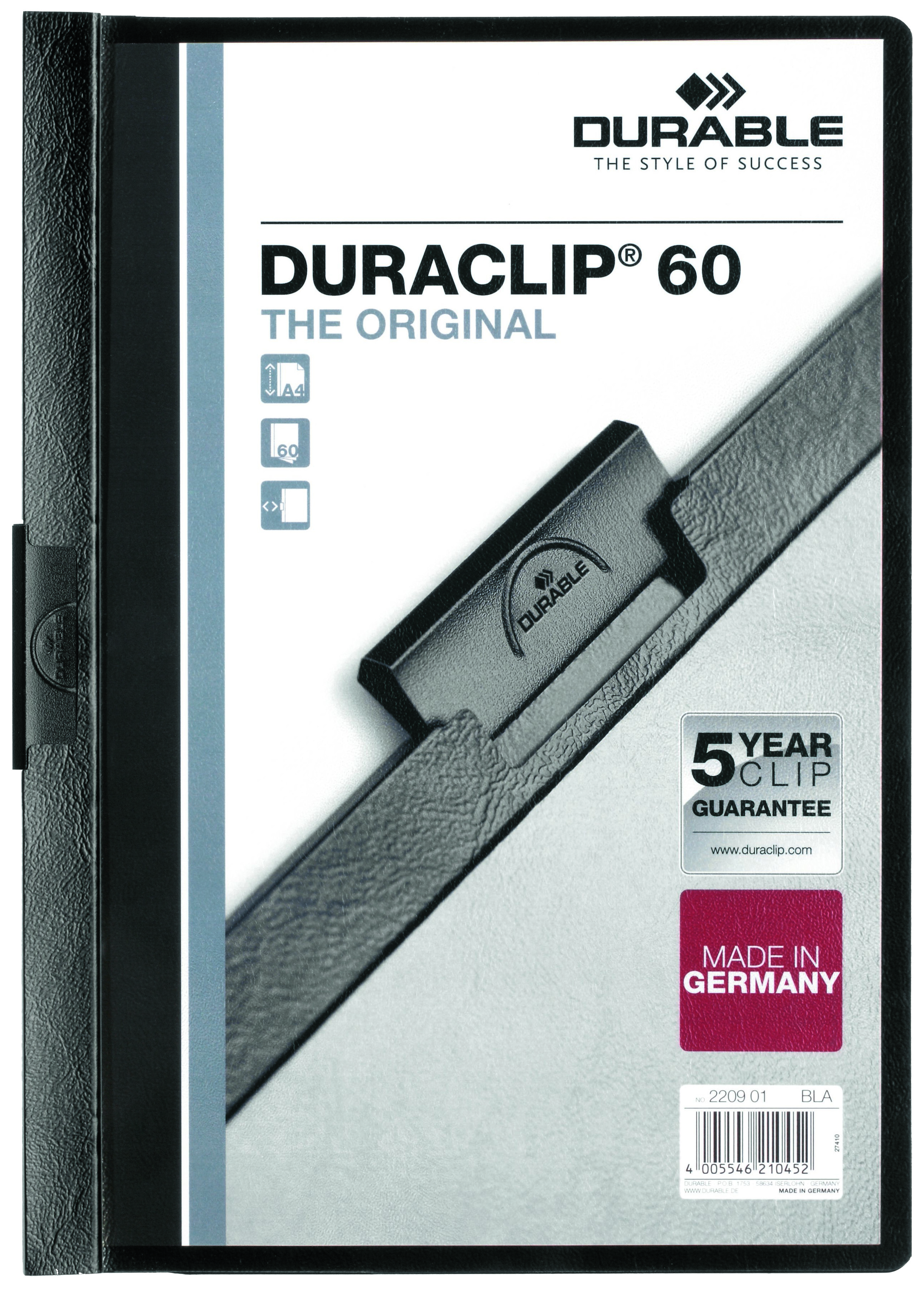 

Папка-скоросшиватель Durable Duraclip Original 60 с клипом Черная, на 60 листов