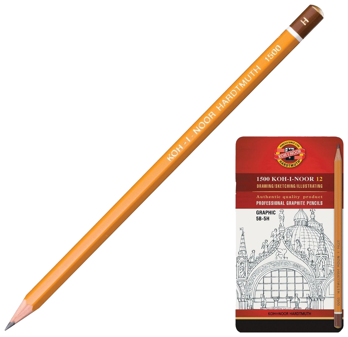 фото Набор чернографитных карандашей в железной упаковке koh-i-noor 1500 graphic 5b-5h 12 шт.