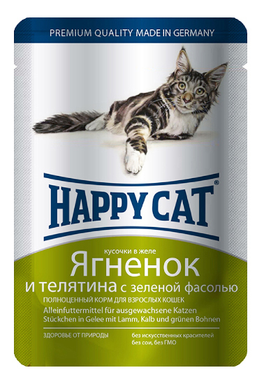 фото Влажный корм для кошек happy cat, ягненок и телятина с фасолью, 22шт по 100г