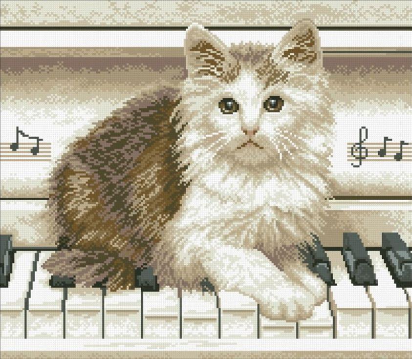 

Алмазная вышивка Паутинка Котёнок на пианино, 47x41 см, Котёнок на пианино