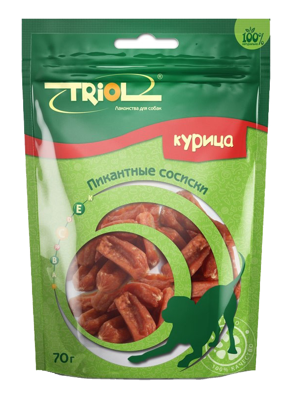 Лакомство для собак Triol, пикантные сосиски из курицы, 70г