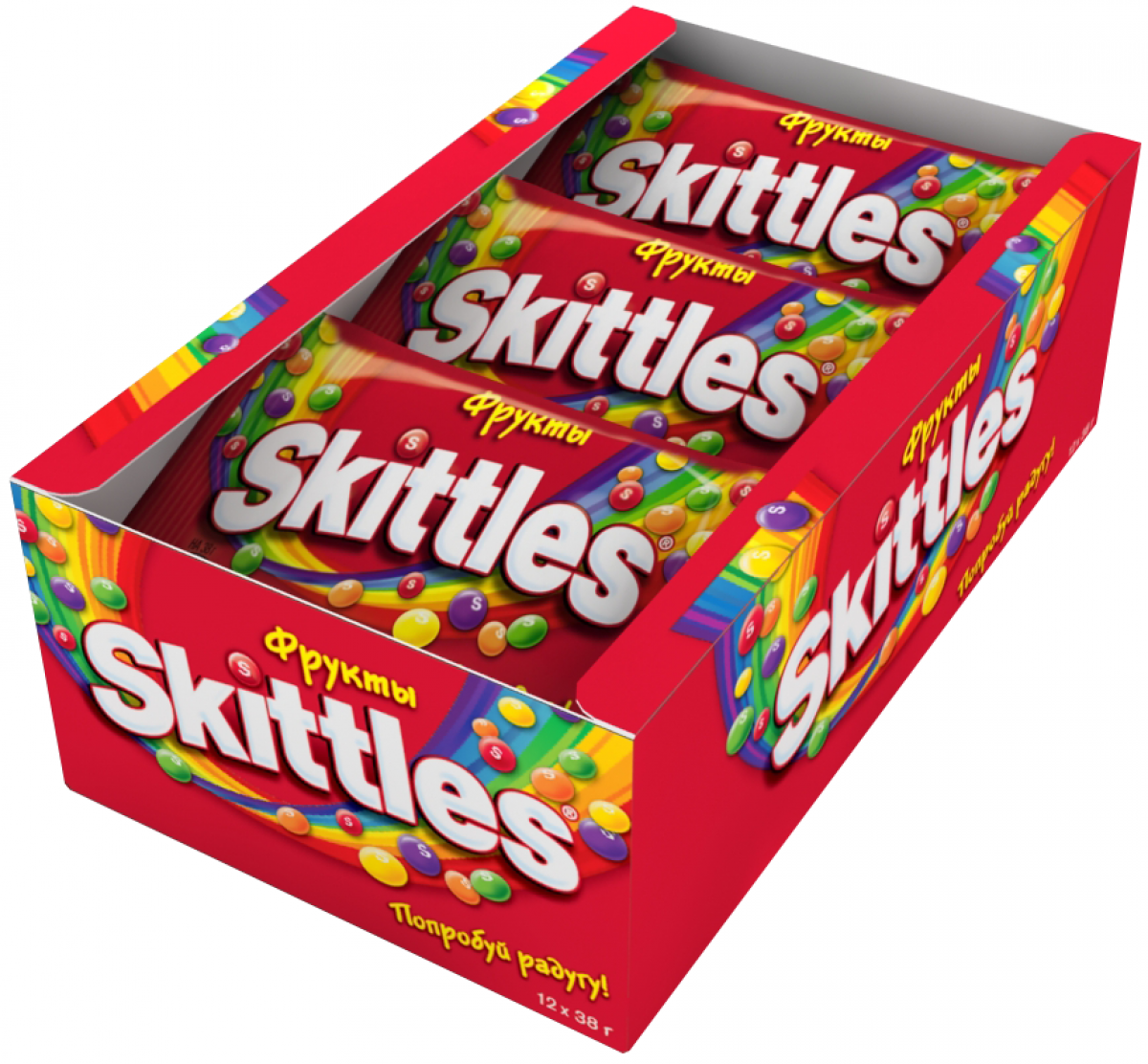 Жевательные драже в сахарной глазуре Skittles, Фрукты, Шоубокс, 12 шт.* 38 гр.