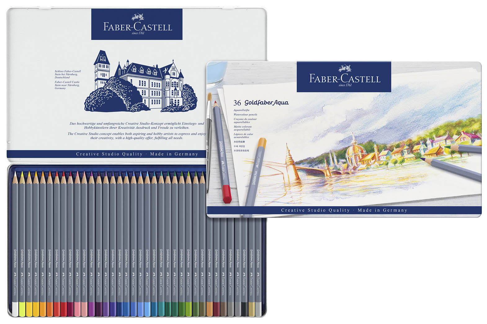 

Акварельные карандаши Faber-Castell Goldfaber Aqua в металлической коробке, 36 шт, Белый;желтый;оранжевый;красный;розовый;фиолетовый;синий;голубой;бирюзовый;зеленый;коричневый;серый;черный;золотистый;серебристый, Goldfaber Aqua