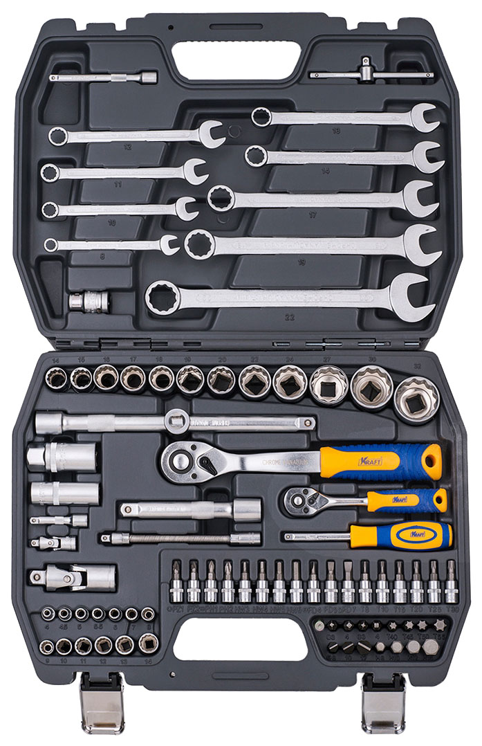 Набор инструментов Kraft 82 предмета, 12-ти гранные головки, КТ 700681 накидные изогнутые ключи topex