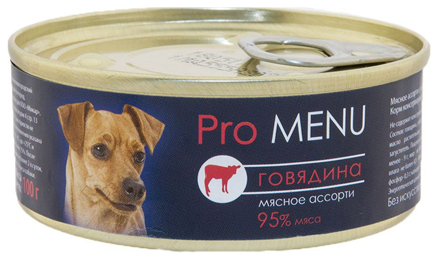 фото Консервы для собак pro menu, мясное ассорти с говядиной, 100г