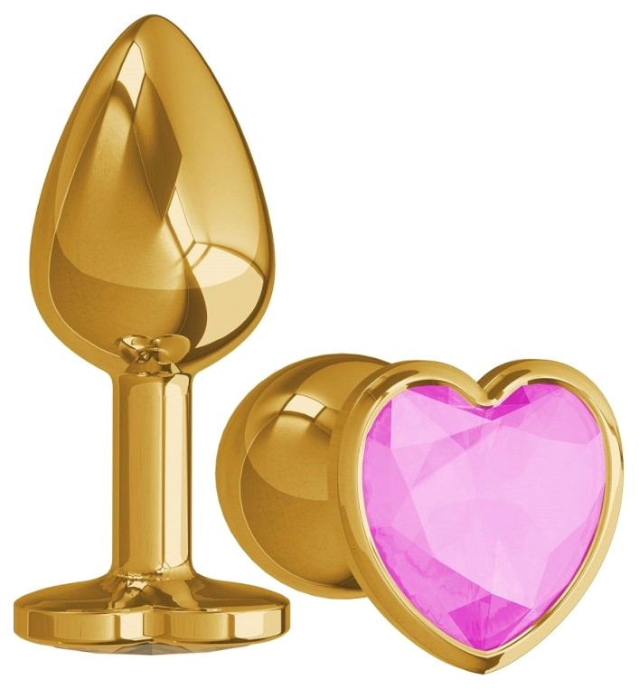 Золотистая анальная пробка с розовым стразиком-сердечком 9 см
