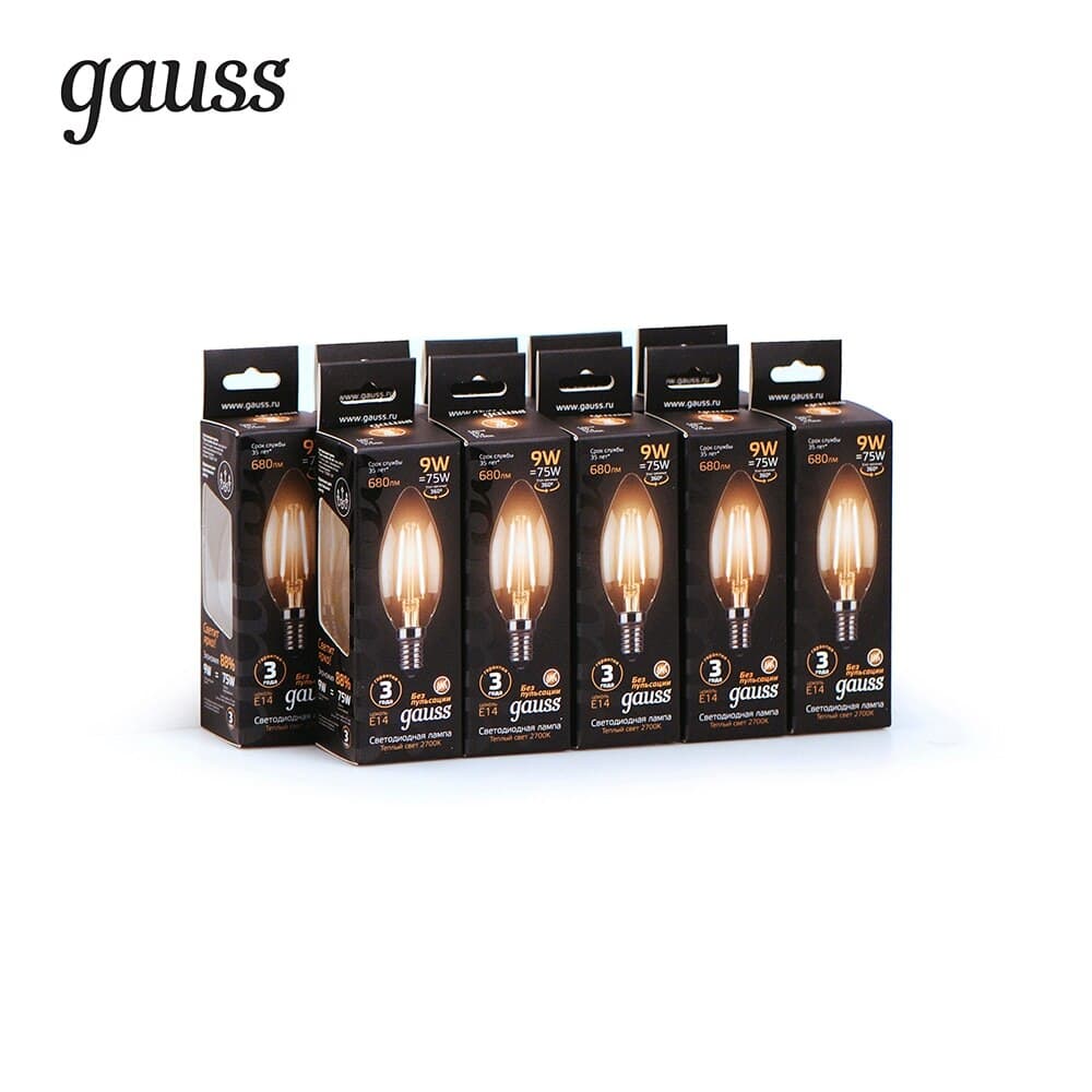 фото Комплект из 10 светодиодных ламп gauss led filament candle 9w e14 2700k 103801109