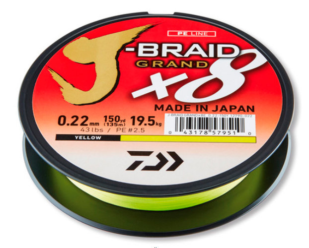 

Леска плетеная Daiwa J-Braid Grand X8 0,06 мм, 135 м, 5 кг, yellow, Желтый, J-Braid Grand X8