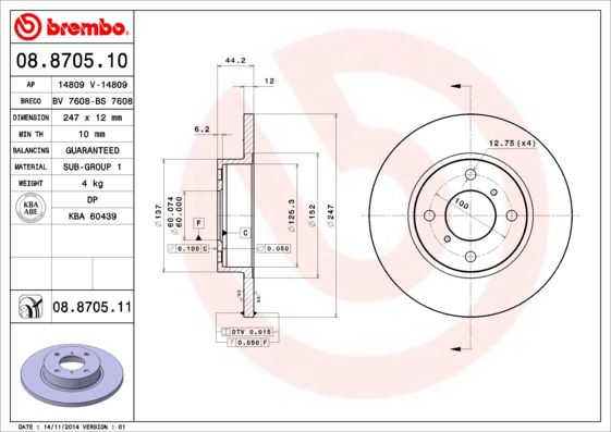 Тормозной диск brembo 08.8705.11