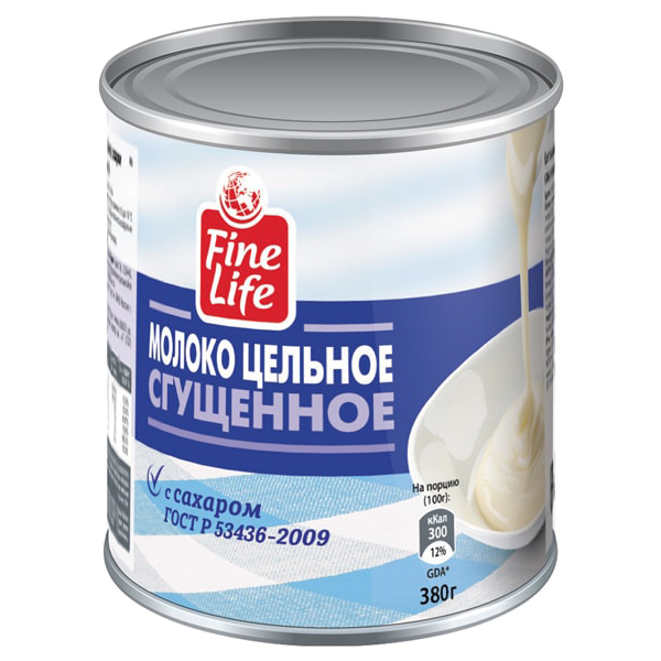 

Молоко Fine Life цельное сгущенное 8.5% с сахаром гост 380 г