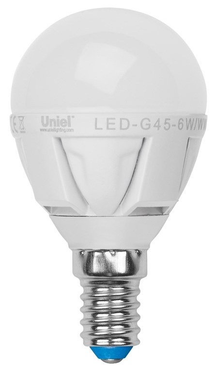 фото Лампа светодиодная (ul-00000694) e14 6w 3000k шар матовый led-g45-6w/ww/e14/fr/dim plp01wh uniel