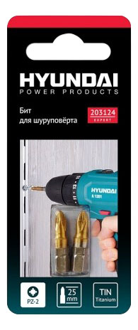 

Набор бит для шуруповертов Hyundai PZ-2 25mm TIN 2шт (50/1000) 203124, PZ-2 25 мм TIN 2 шт.
