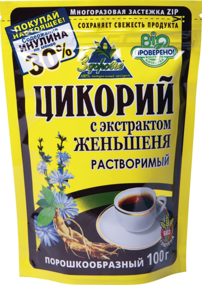 

Цикорий растворимый Здоровье с экстрактом женьшеня 100 г, цикорий с экстрактом женьшеня