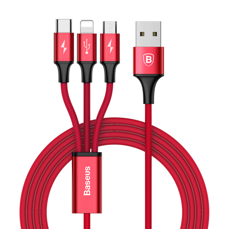 

Кабель Baseus Rapid Series 3-in-1 Cable Micro+Lightning+Type-C 3A 1.2m Red