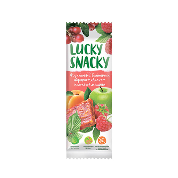 фото Батончик lucky snacky фруктовый с абрикосом яблоком клюквой и малиной