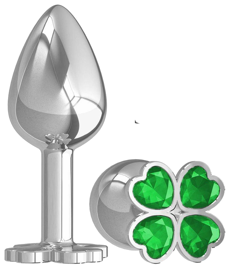 Серебристая Анальная пробка с клевером из зеленых кристаллов 7 см