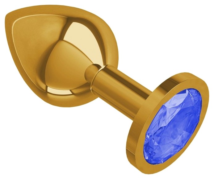 Анальная пробка золотистая Главсексмаг с синим кристаллом 7 см