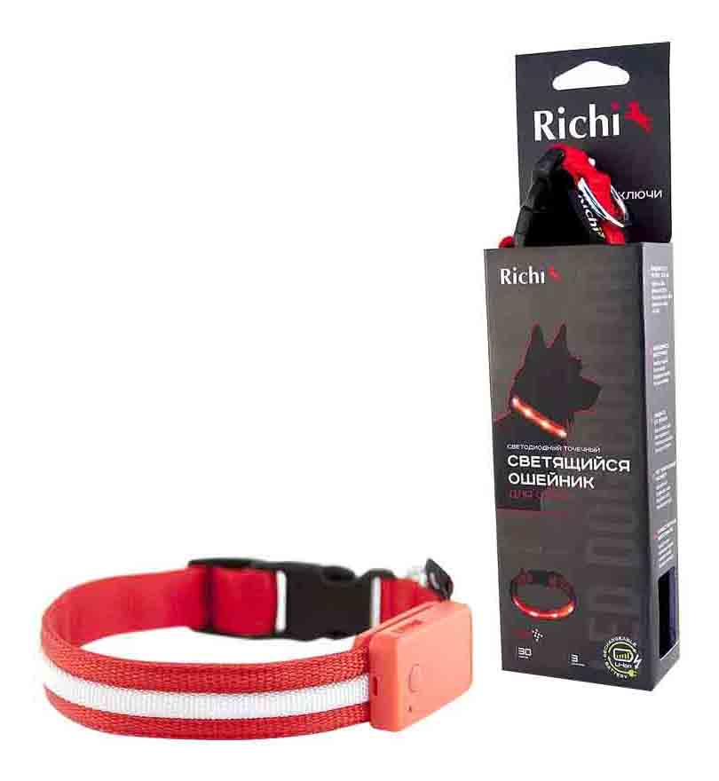 Ошейник для собак RICHI со светящейся лентой, красный, длина 45-48 см