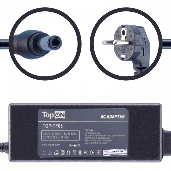 

Блок питания для монитора Viewsonic V150 12V 5A 5.5x2.5mm 60W TopON, Черный