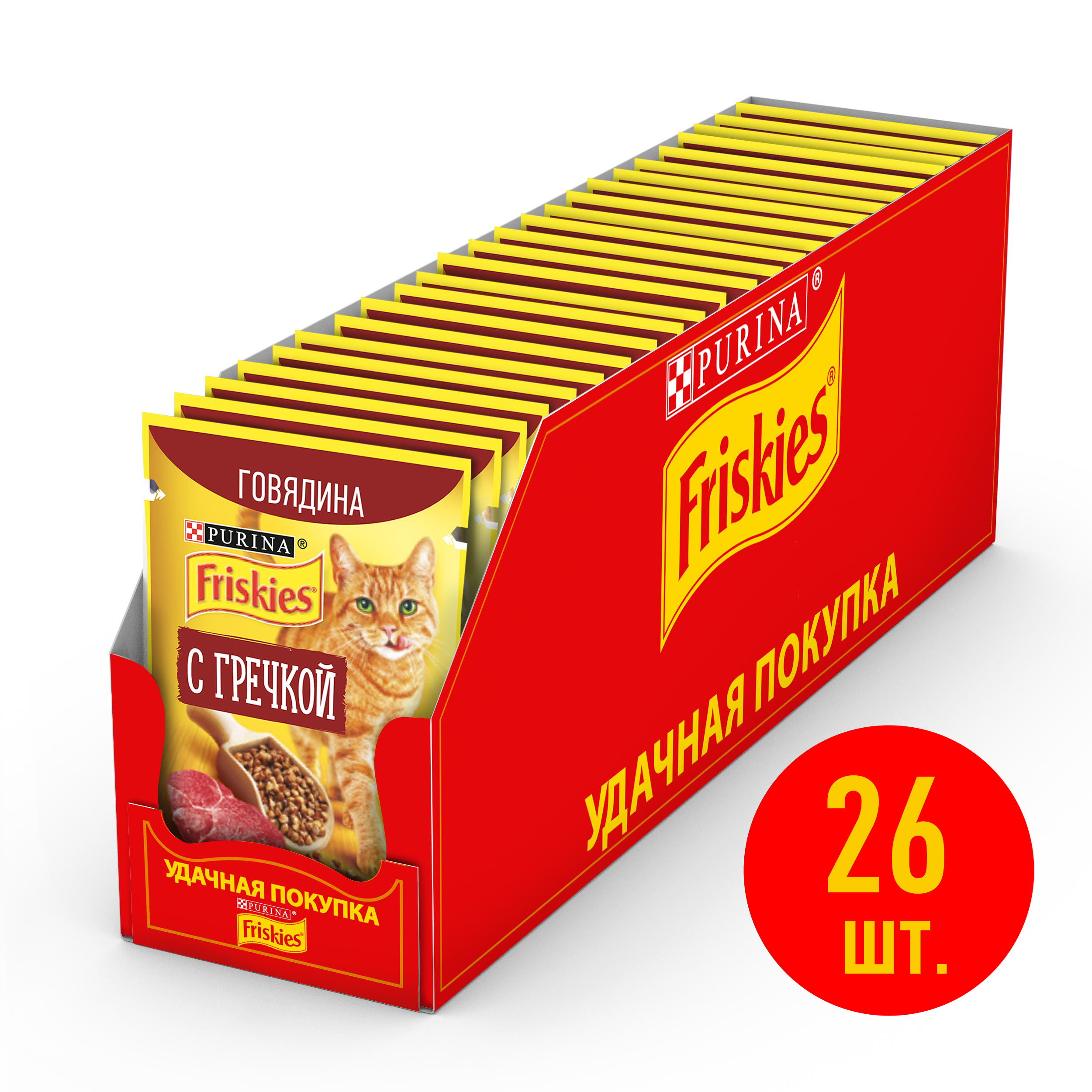 фото Влажный корм для кошек friskies, с говядиной и гречкой в подливе, 75 г*26 шт