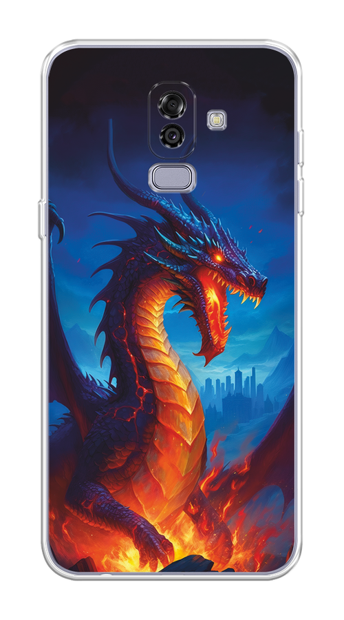 

Чехол на Samsung Galaxy J8 "Дракон над лавой", Оранжевый;коричневый;синий, 26550-1